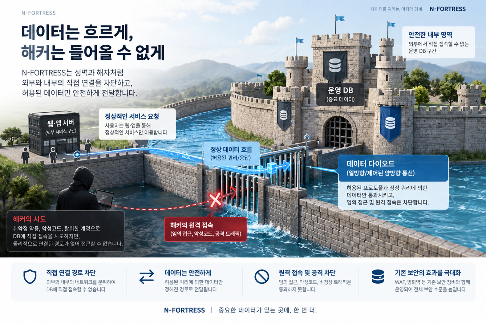 외부 웹·앱 서버와 운영 DB 사이에서 N-FORTRESS가 직접 연결을 차단하고 허용된 데이터 흐름만 전달하는 보호 원리